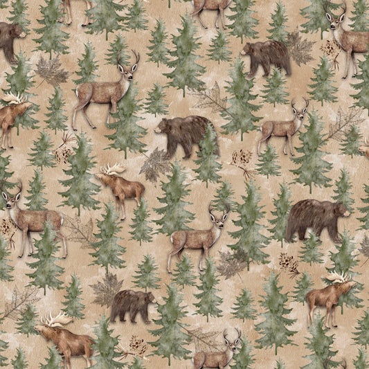Intricate quilting design inspired by the serene patterns of a dense forest landscape