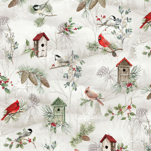 Winter Song featuring a vibrant Cardinal perched on snowy branches in a serene winter landscape