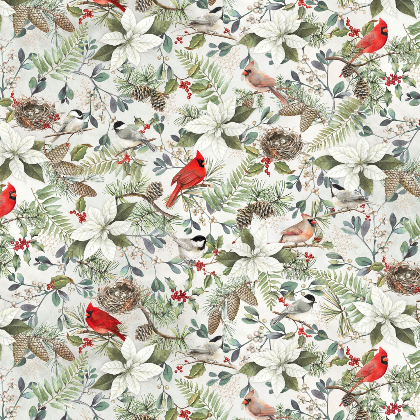P&B Textiles Winter Song Cardinal & Poinsettia Quilting Cotton Fabric