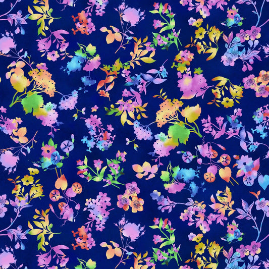 Butterfly Boutique Navy Floral Silhouette Fabric– Watercolor Pastel Flower Quilting Cotton By The Yard