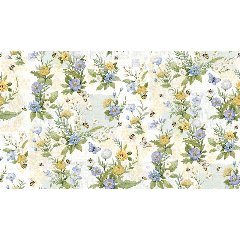 Sweet As Can Bee Fabric – Blue & Yellow Floral Bee Cotton by Susan Winget | Springs Creative Quilting Fabric 100% Cotton