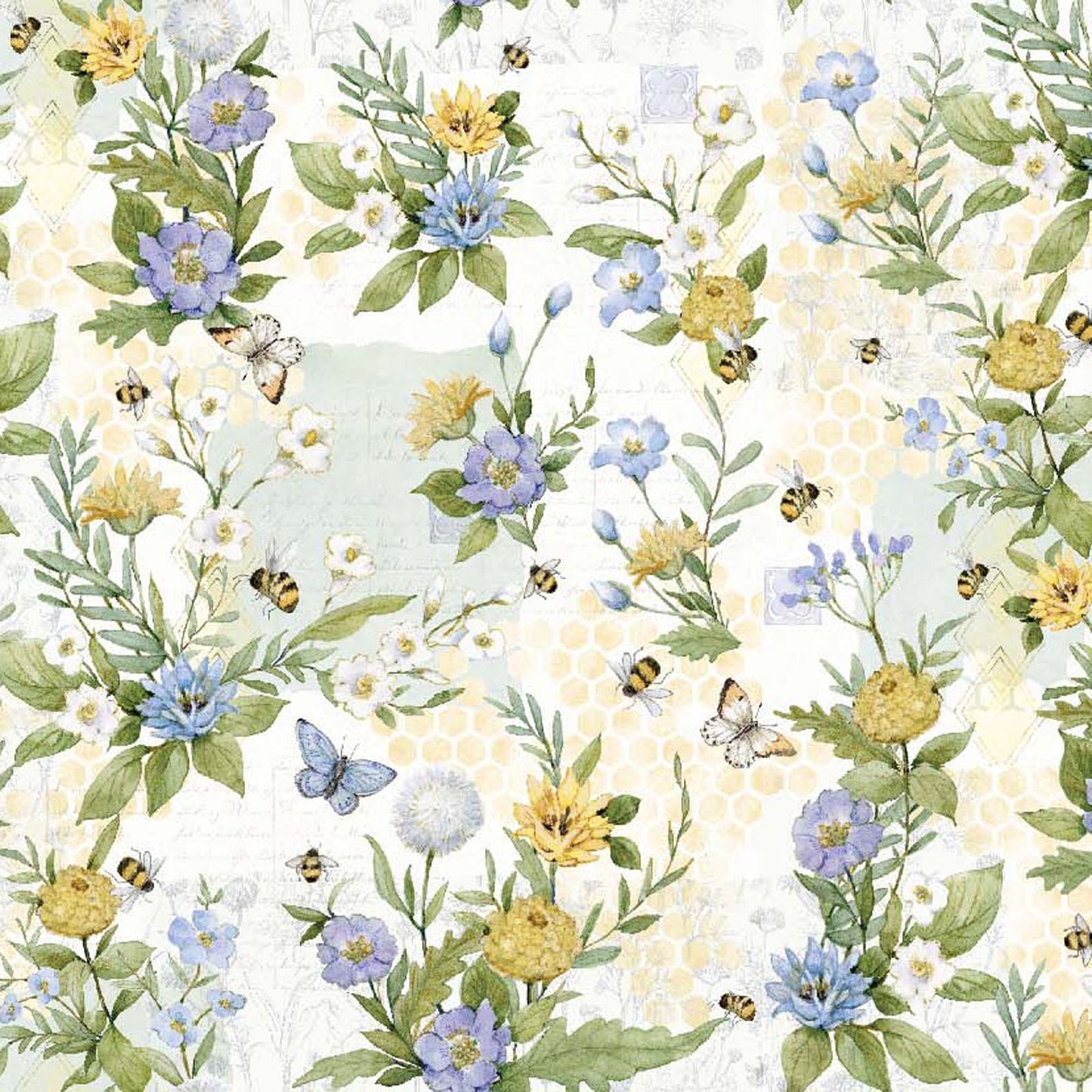 Sweet As Can Bee Fabric – Blue & Yellow Floral Bee Cotton by Susan Winget | Springs Creative Quilting Fabric 100% Cotton
