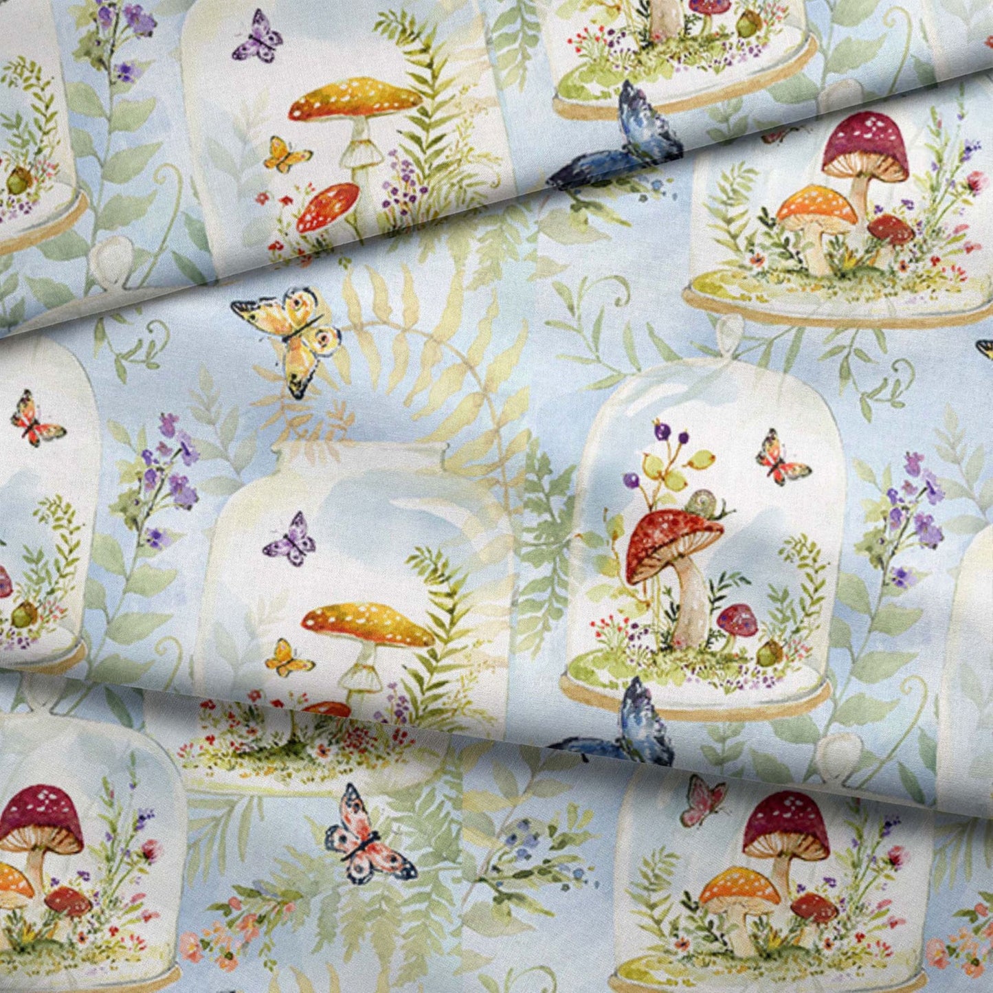 Intriguing Mushrooms | Mushroom Jars - Cotton | Butterfly Fabric | By The Yard