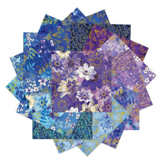 Metallic Impressions Fabric by Benartex – 10" Precut Cotton Squares | Blue & Purple Quilting Fabric with Metallic Accents