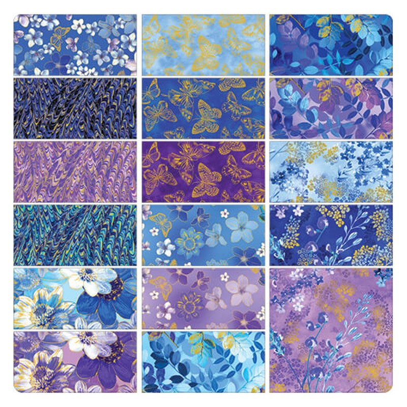 Metallic Impressions Fabric by Benartex – 10" Precut Cotton Squares | Blue & Purple Quilting Fabric with Metallic Accents