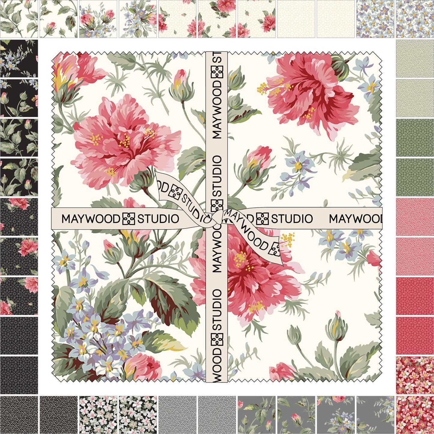 Maywood Studios Marlowe Fabric Collection | 10" Precut Squares | Red Gray Black Cream Floral Quilting Cotton