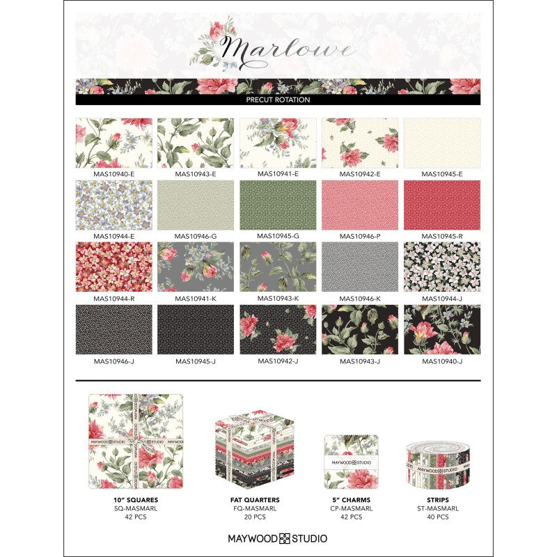 Maywood Studios Marlowe Fabric Collection | 10" Precut Squares | Red Gray Black Cream Floral Quilting Cotton