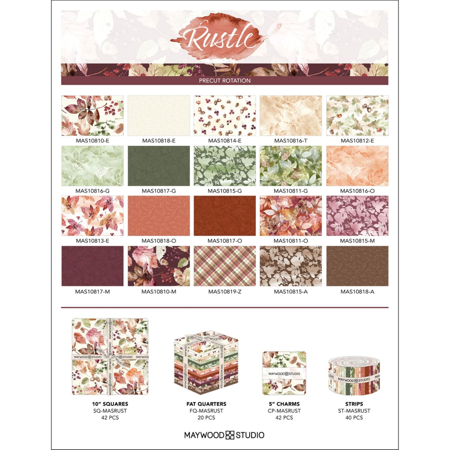 Rustle | Watercolor Autumn Leaves | 10 inch cotton precuts | 42 pieces