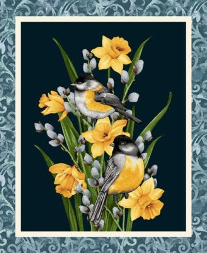 Garden Symphony Fabric by Henry Glass – Bright Floral Cotton Blocks Panel with Daffodils, Peony, Irises and Birds - Spring Quilt Fabric