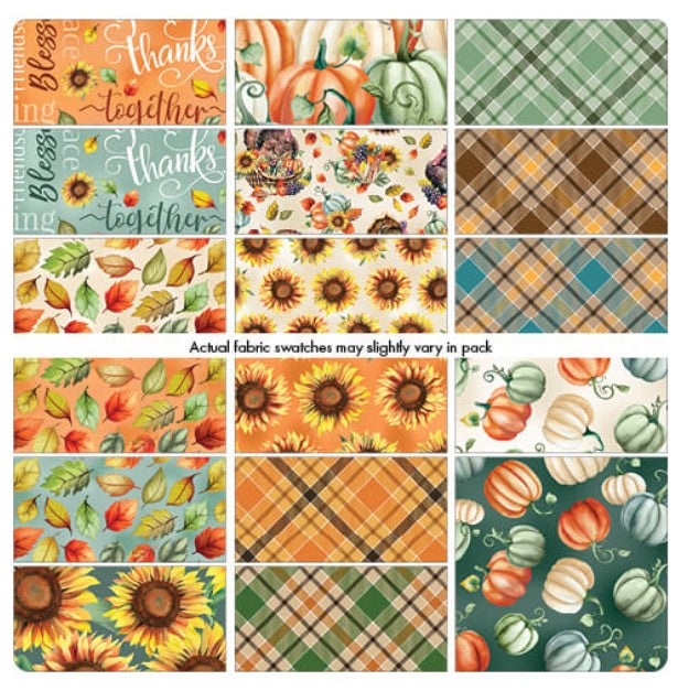 Give Thanks 10” Fabric Squares | Benartex Autumn Precut Cotton | Fall Leaves, Sunflowers, Turkeys & Pumpkins | 42 Piece Quilt Bundle