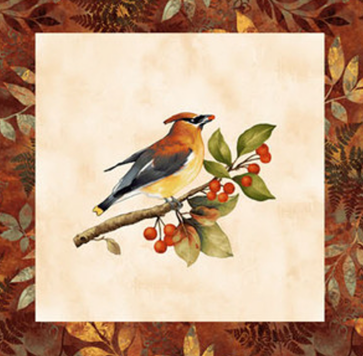 Henry Glass Oak & Berries Birds & Leaves Block Fabric by the Yard
