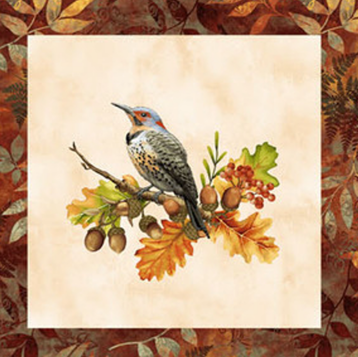 Henry Glass Oak & Berries Birds & Leaves Block Fabric by the Yard