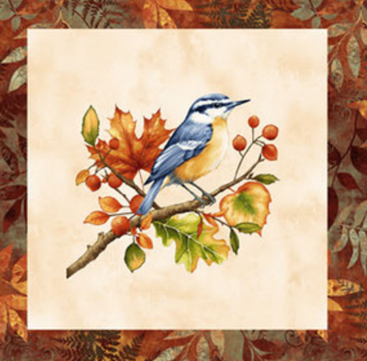 Henry Glass Oak & Berries Birds & Leaves Block Fabric by the Yard