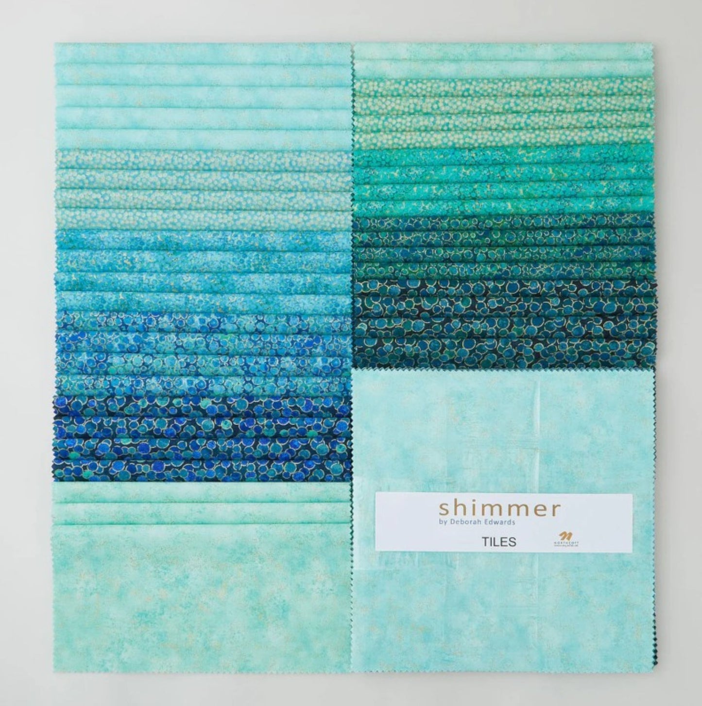 Northcott Shimmer Lagoon & Peacock Tiles | 42 Precut 10" Quilting Cotton Squares with Metallic Accents