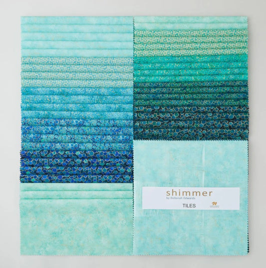 Northcott Shimmer Lagoon & Peacock Tiles | 42 Precut 10" Quilting Cotton Squares with Metallic Accents