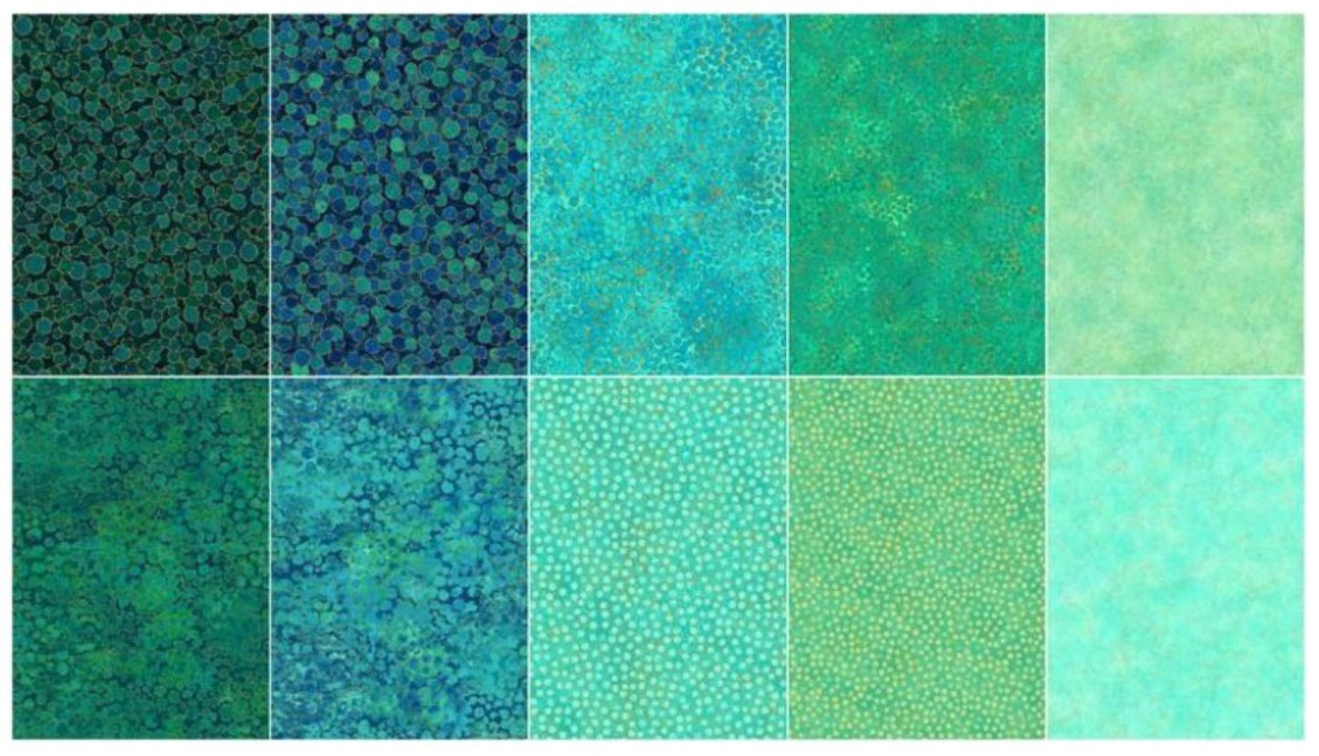 Northcott Shimmer Lagoon & Peacock Tiles | 42 Precut 10" Quilting Cotton Squares with Metallic Accents