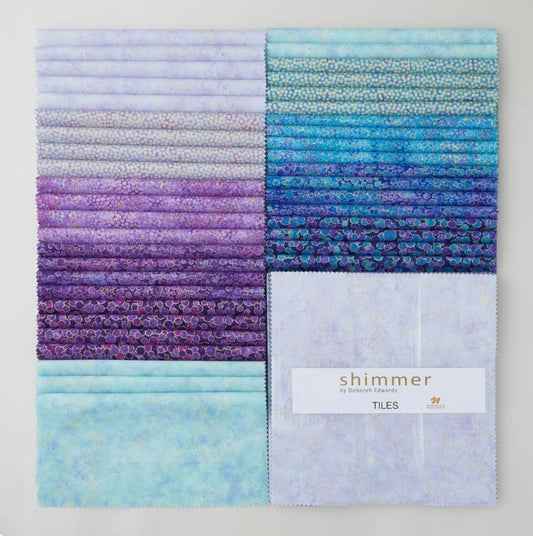 Northcott Shimmer Pansy & Deep Sea Tiles | 42 Precut 10" Quilting Cotton Squares with Metallic Accents