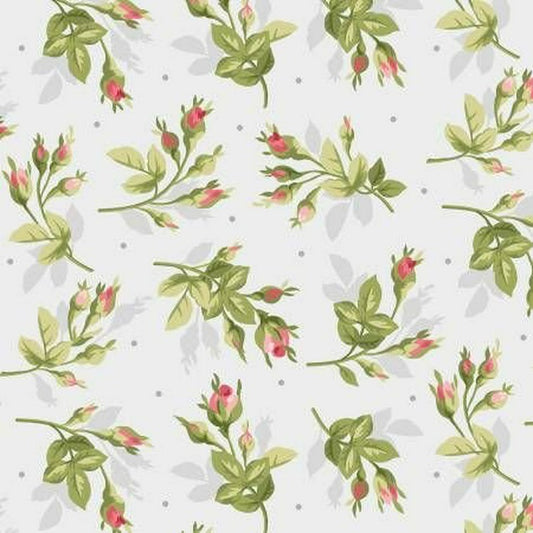 Heather Collection Rosebud Fabric by Maywood Studios – Pale Grey, 100% Cotton
