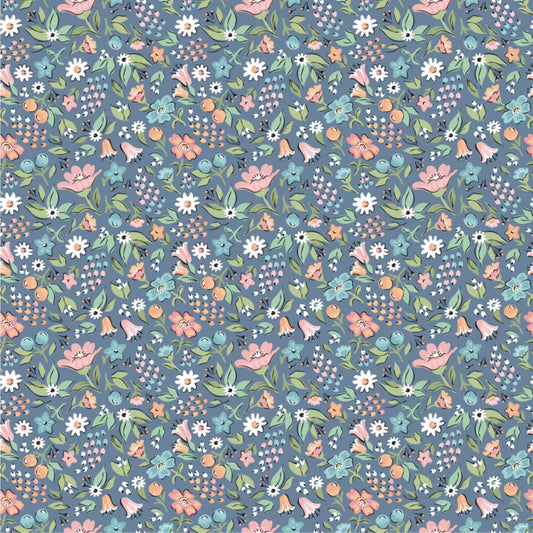 Poppie Cotton Freshly Picked Night, Vintage Style Blue Floral Cotton Fabric