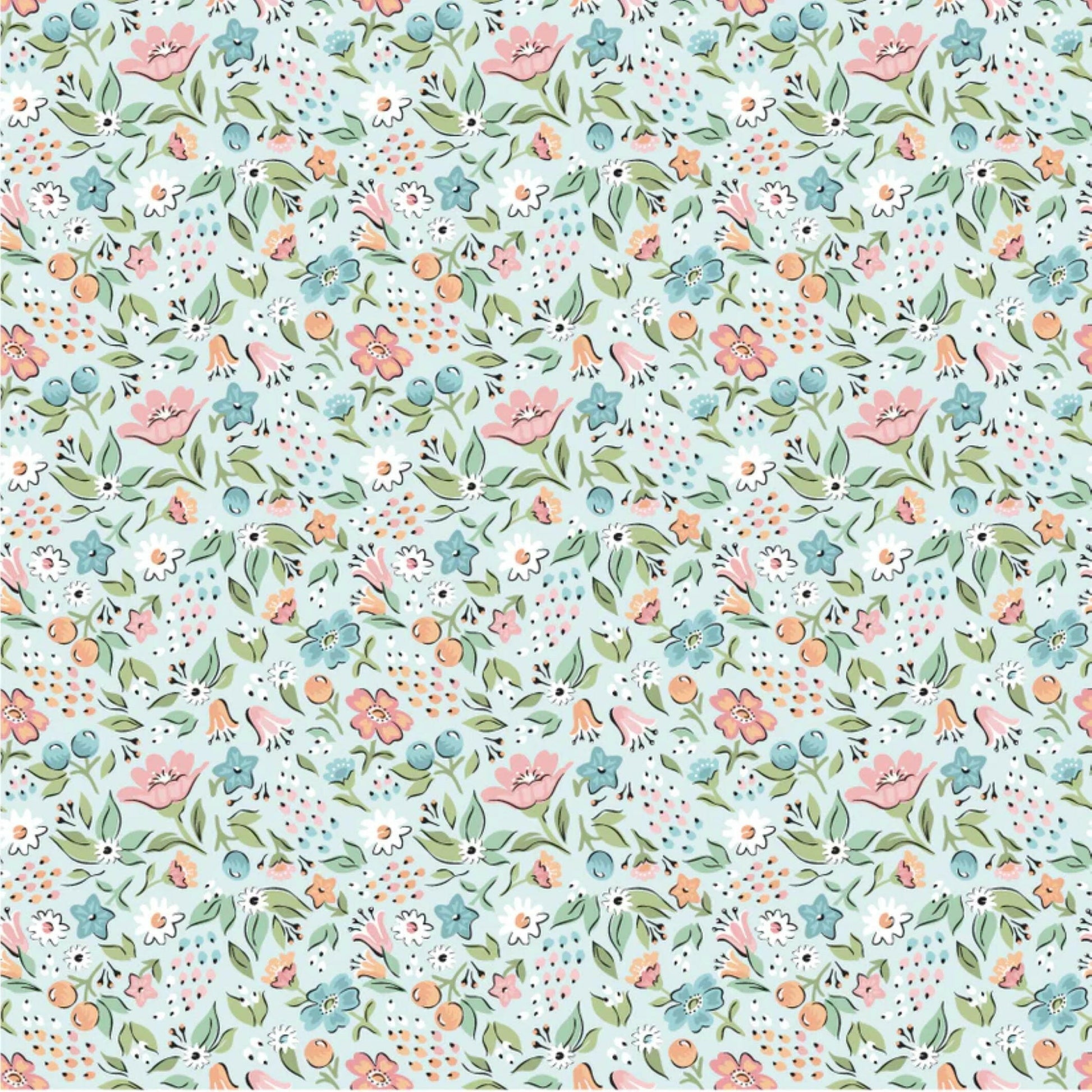 Poppie Cotton Freshly Picked Vintage Style Sky  Floral Cotton Fabric.