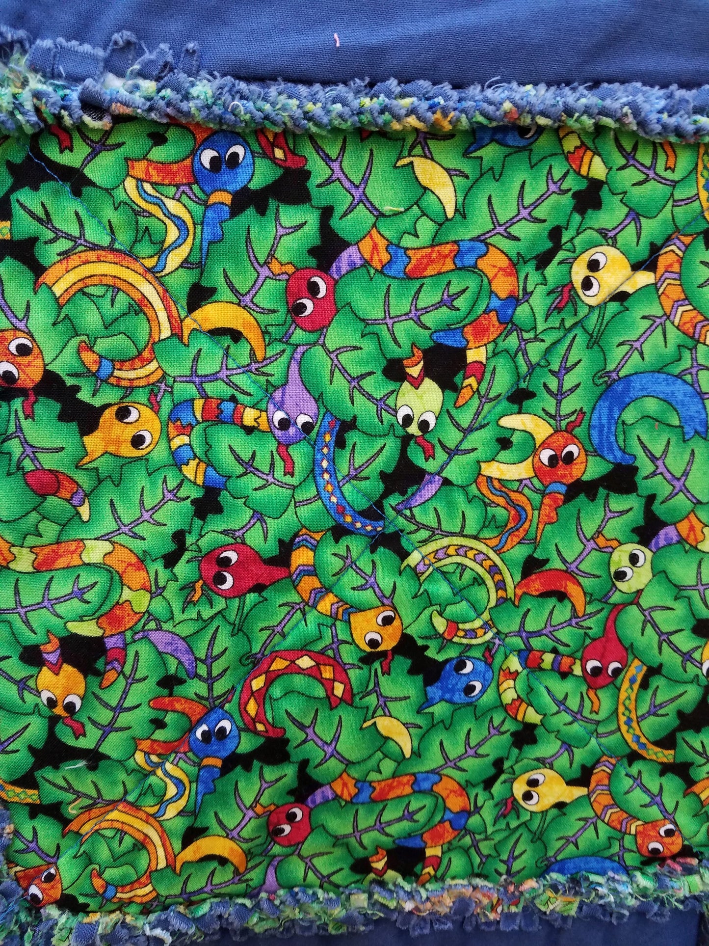 Reversible Childs Rag Quilt  Bright Primary Colors, Bugs & Reptiles, Checkerboard Design, 100% Cotton