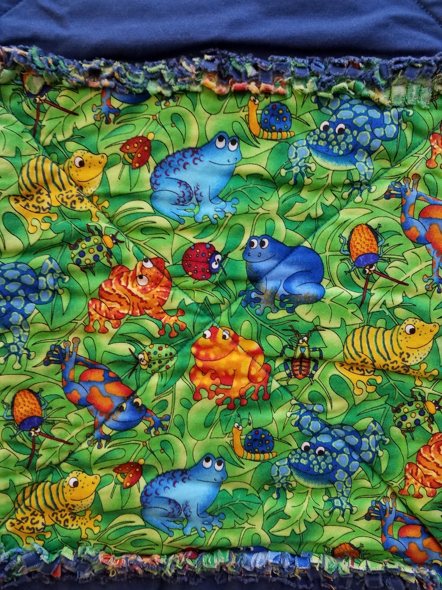 Reversible Childs Rag Quilt  Bright Primary Colors, Bugs & Reptiles, Checkerboard Design, 100% Cotton