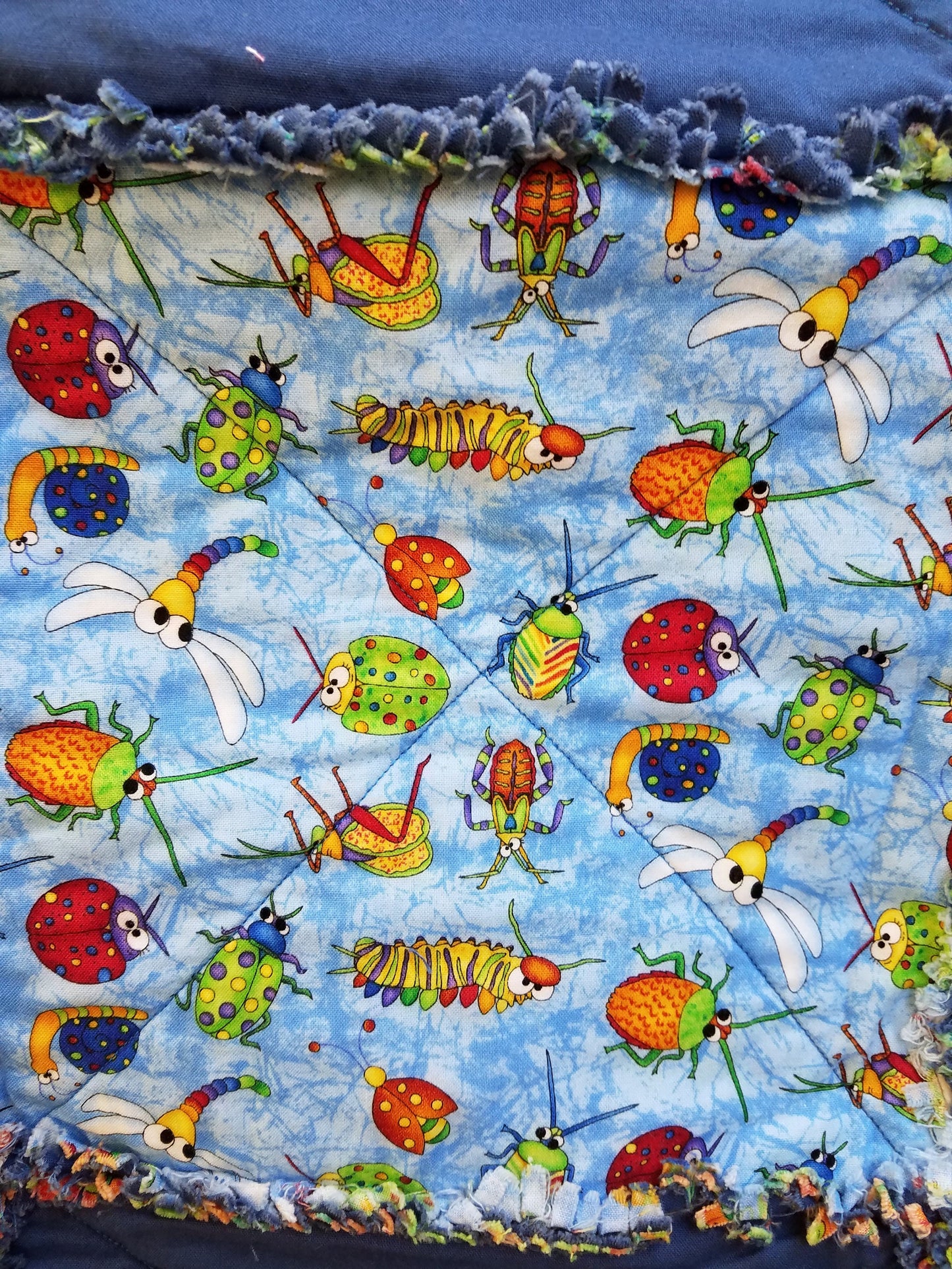 Reversible Childs Rag Quilt  Bright Primary Colors, Bugs & Reptiles, Checkerboard Design, 100% Cotton