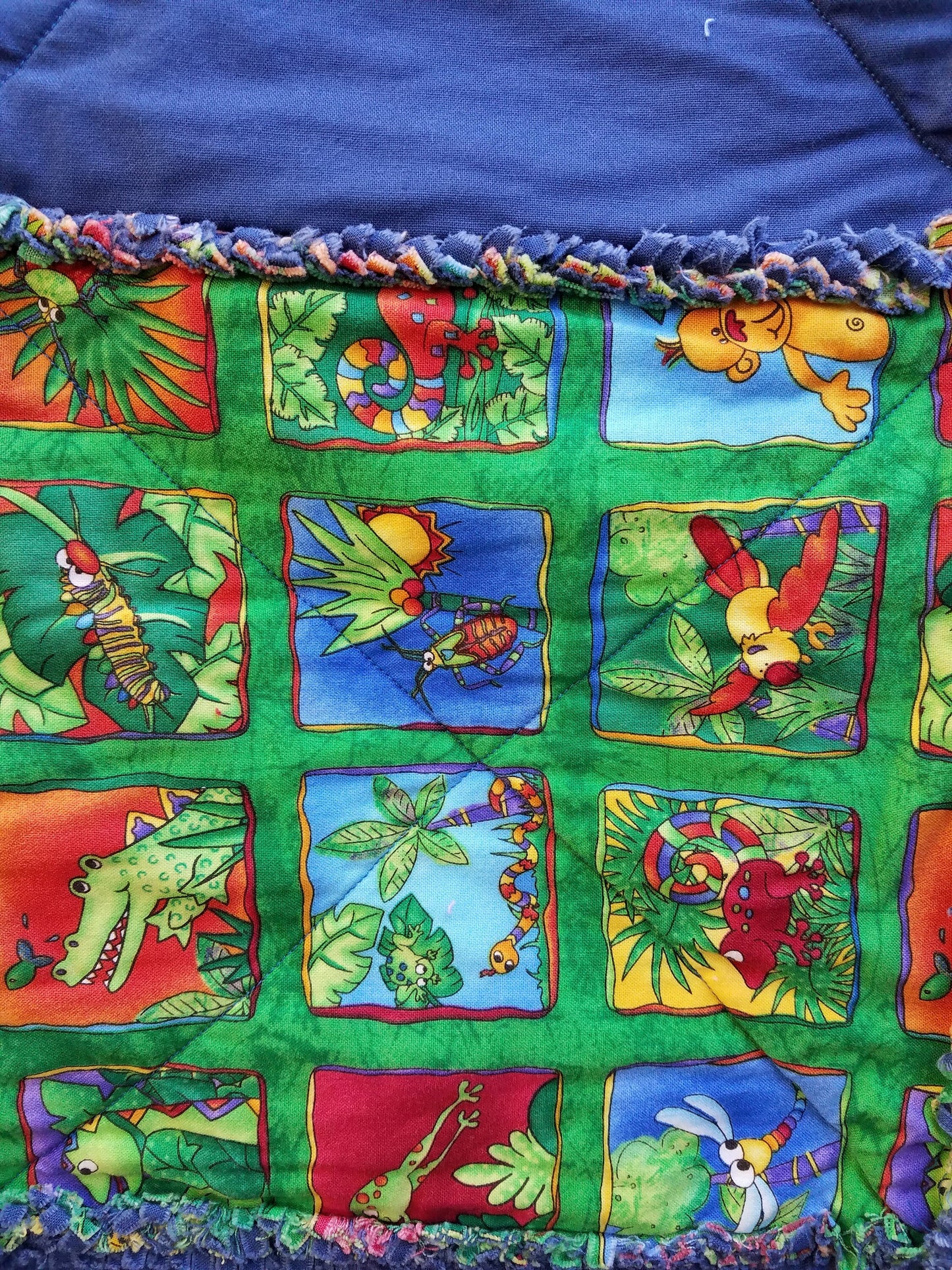 Reversible Childs Rag Quilt  Bright Primary Colors, Bugs & Reptiles, Checkerboard Design, 100% Cotton