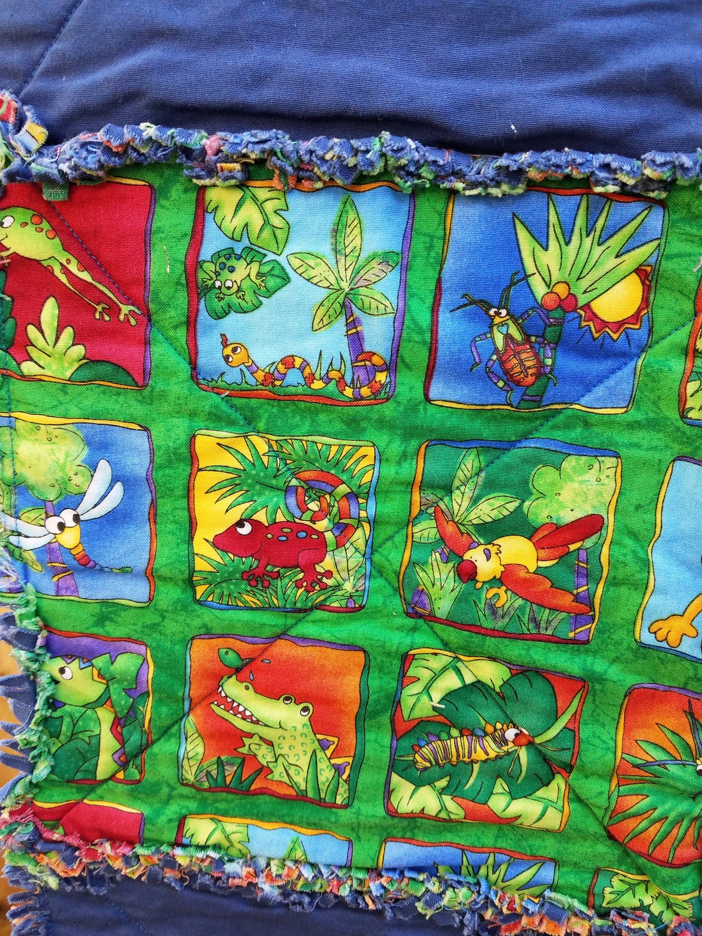 Reversible Childs Rag Quilt  Bright Primary Colors, Bugs & Reptiles, Checkerboard Design, 100% Cotton