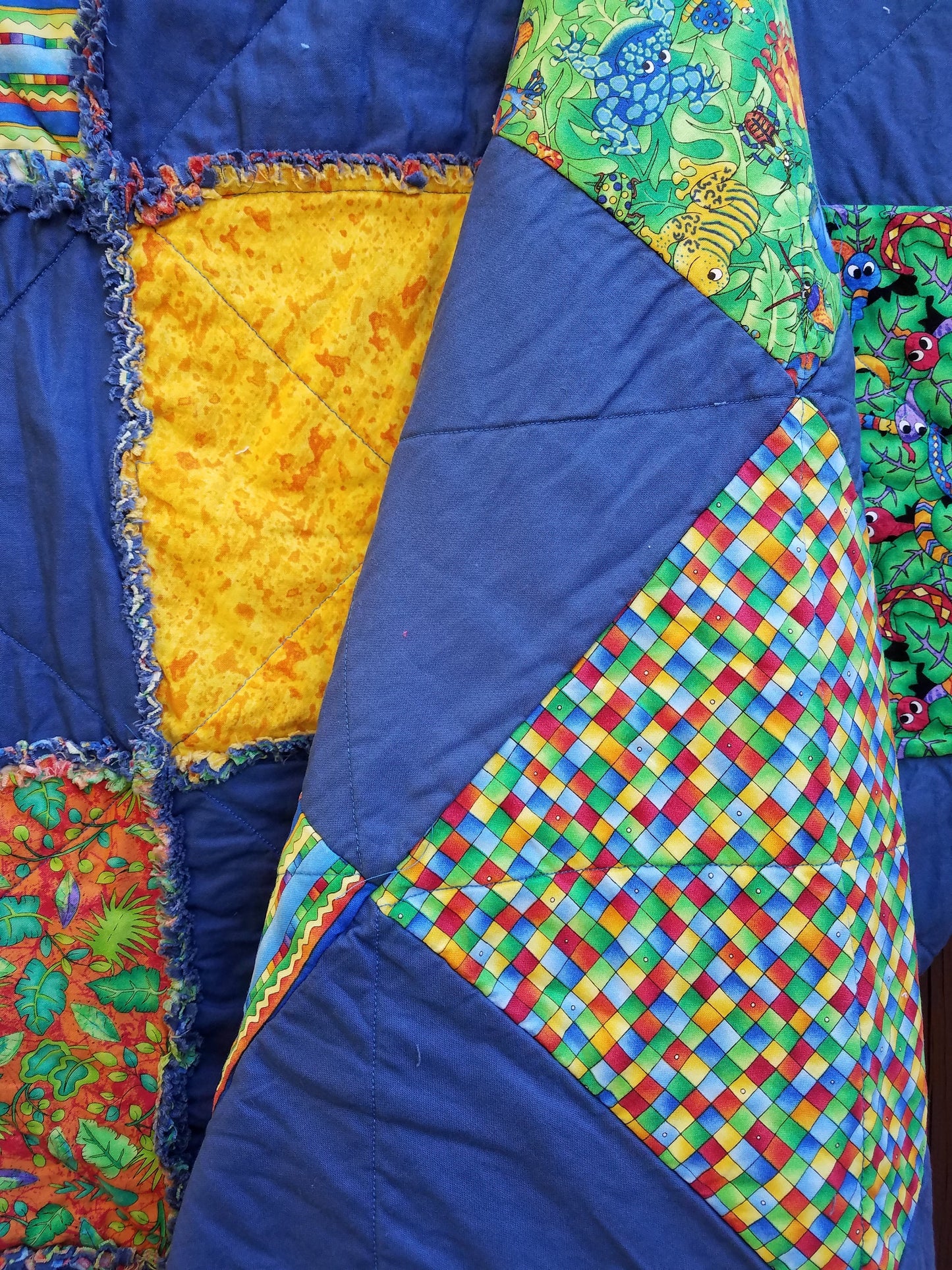 Reversible Childs Rag Quilt  Bright Primary Colors, Bugs & Reptiles, Checkerboard Design, 100% Cotton