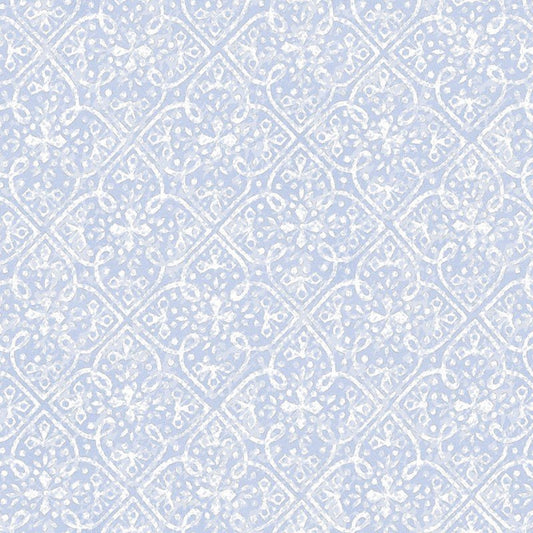 Blue and White Geometric Fabric, Silver Metallic Fabric