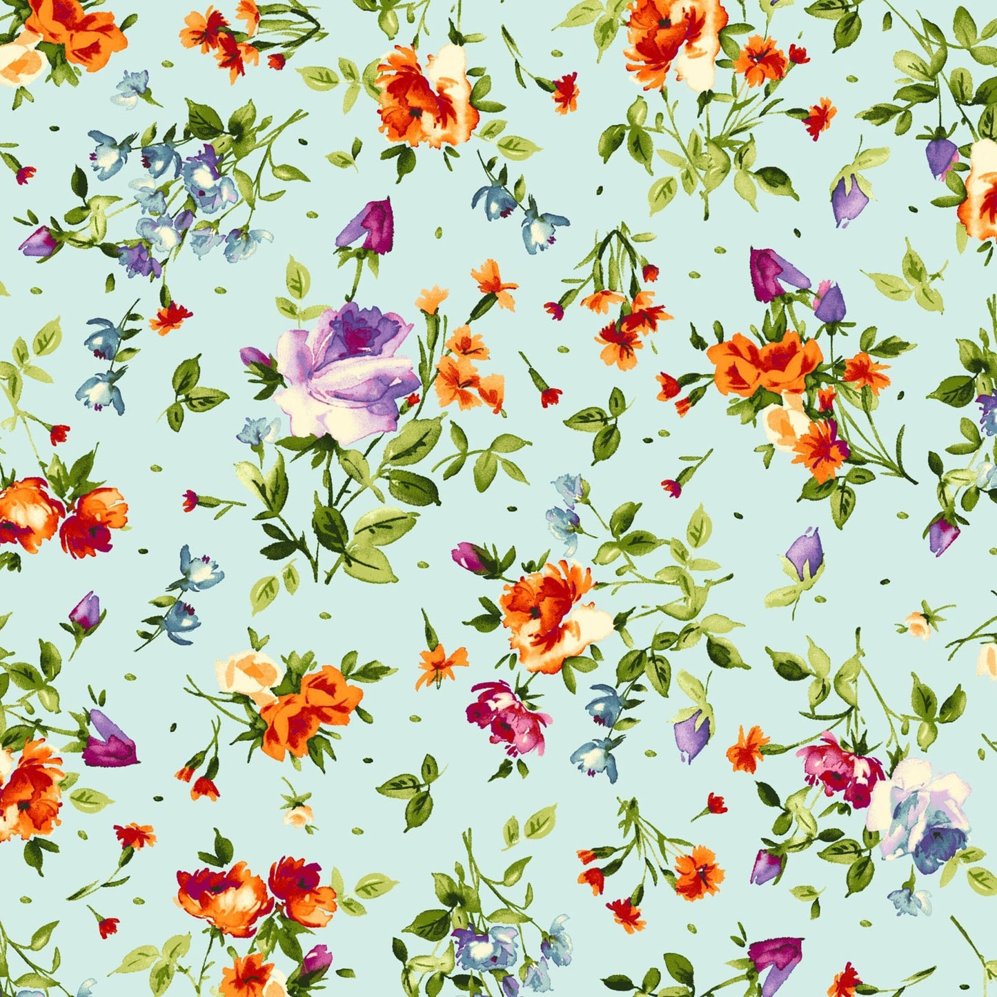 Bloom On Cotton Fabric,  Aqua/Green  Background