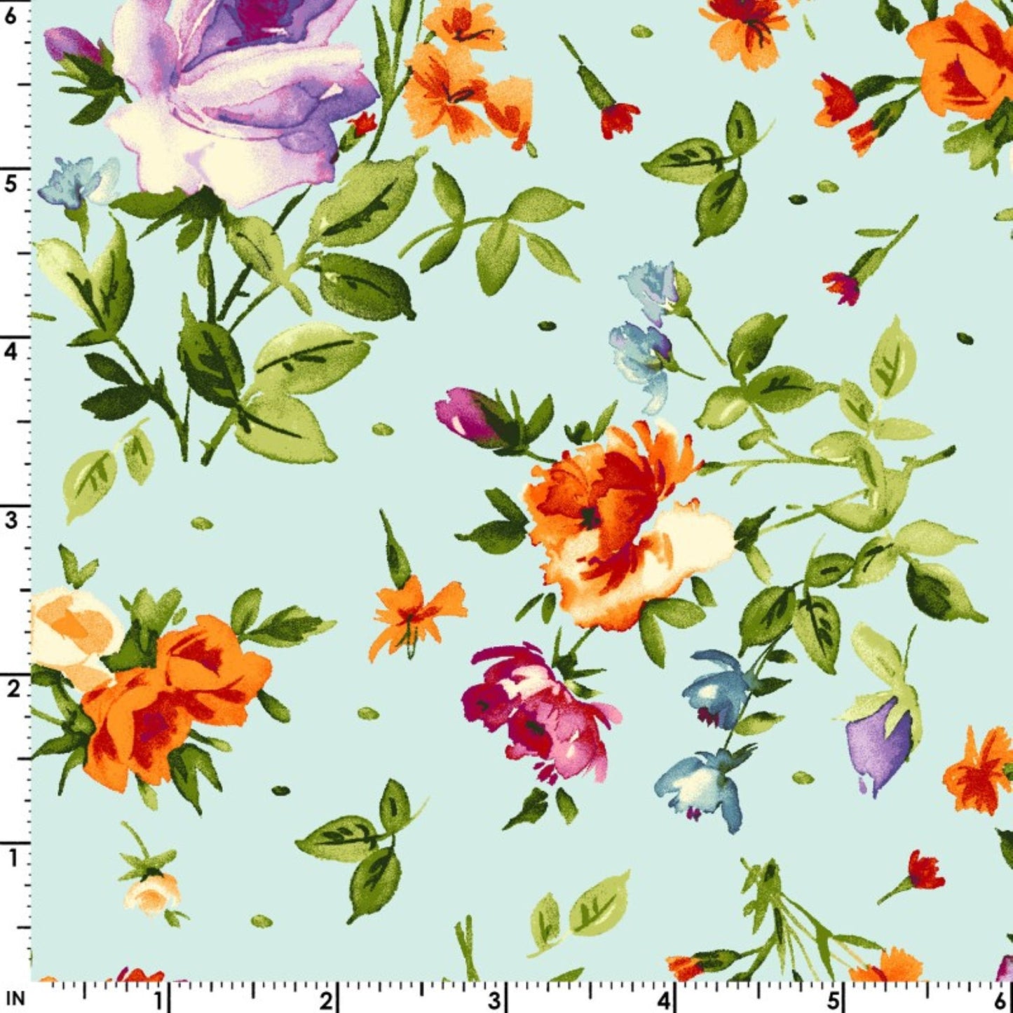 Bloom On Cotton Fabric,  Aqua/Green  Background