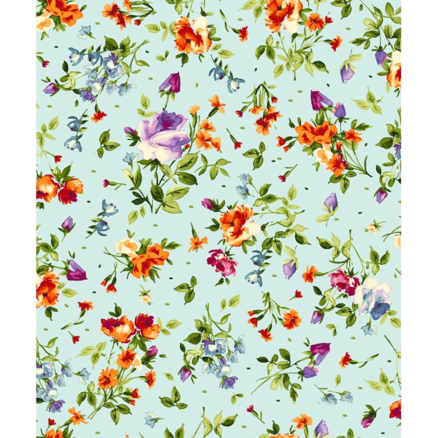 Bloom On Cotton Fabric,  Aqua/Green  Background
