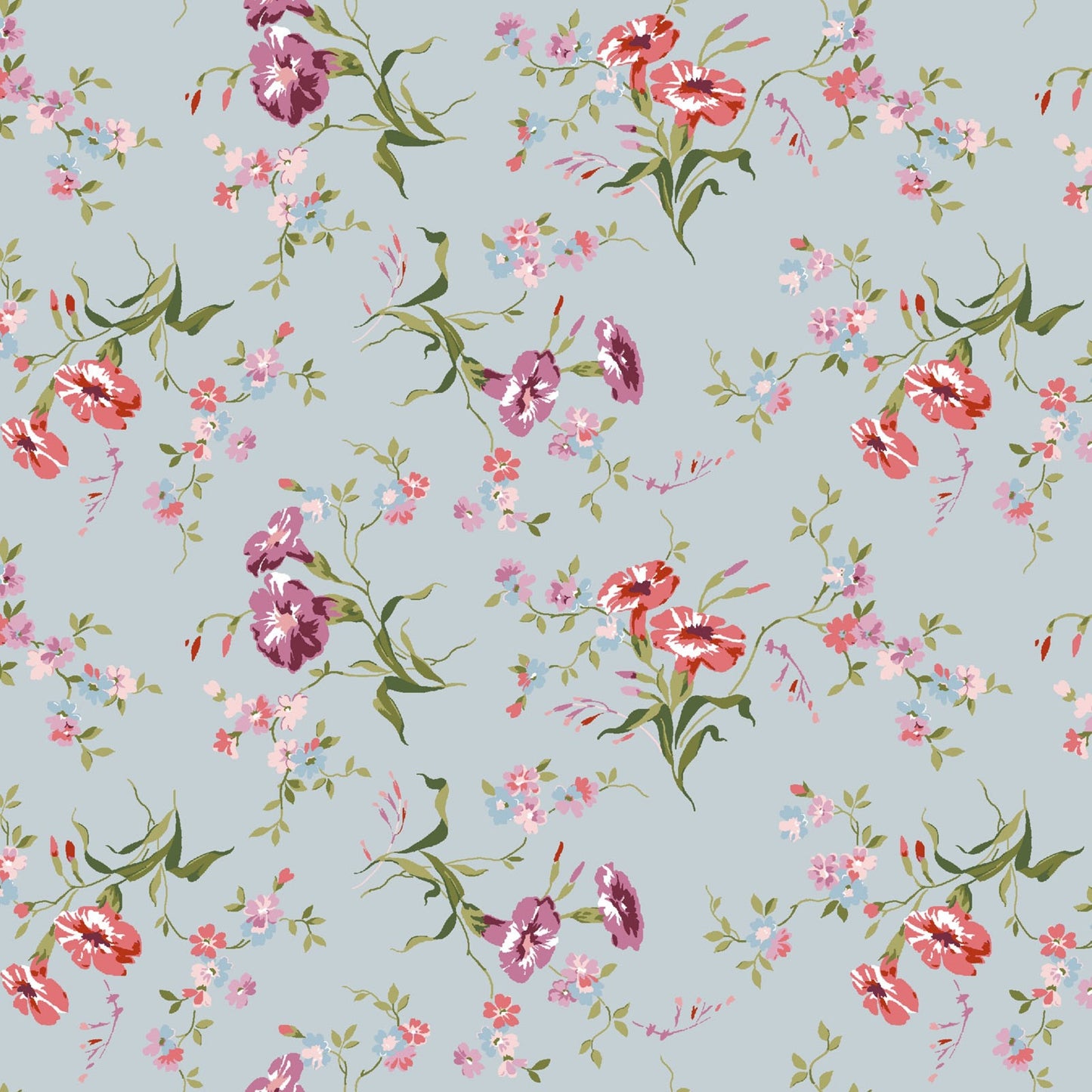 Adelaide Morning Glory Floral Quilt Cotton on Blue Background