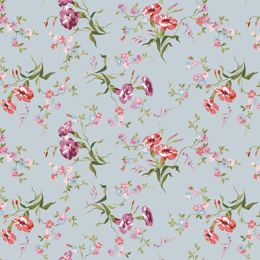 Adelaide Morning Glory Floral Quilt Cotton on Blue Background