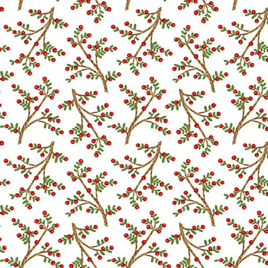 Snow Place Like Home Flannel - Winterberries on White Cotton Flannel