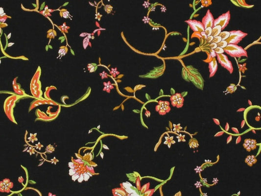 Sew de Vine Tan on Black Floral Quilt Cotton Fabric.