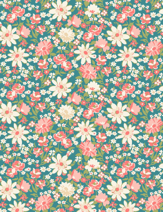 Sentiments Packed Floral Blue Cotton Quilt Fabric