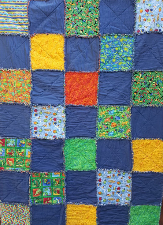 Reversible Childs Rag Quilt  Bright Primary Colors, Bugs & Reptiles, Checkerboard Design, 100% Cotton
