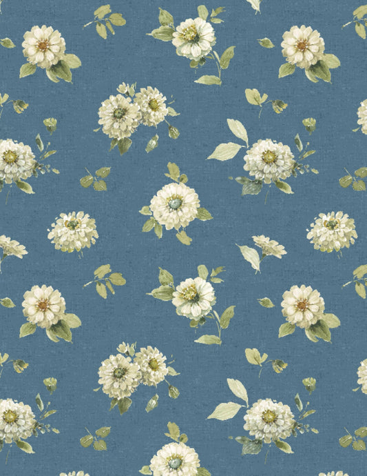 Green Fields Medium Blue Floral Cotton Fabric.