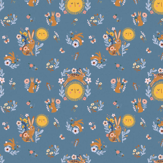 Poppie Cotton Hide & Seek Sunny Bunny Blue Cotton Fabric.