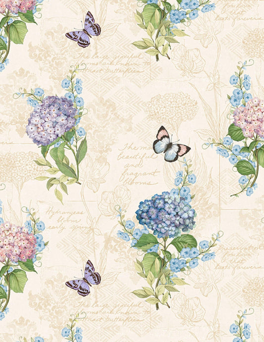 Hydrangea Mist Monograph Cream Cotton Fabric.