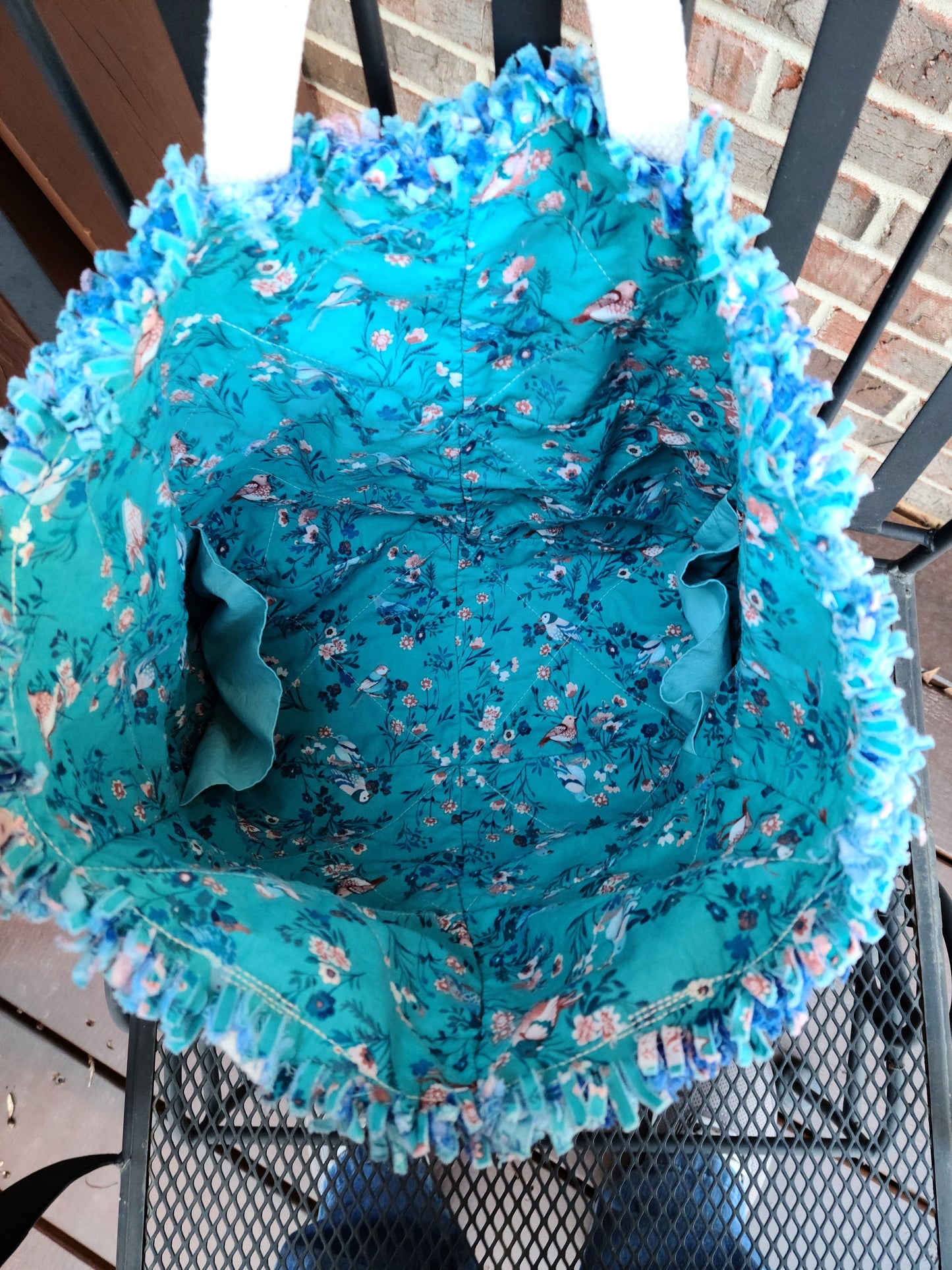 Turquoise Rag Quilt Bird Open Tote