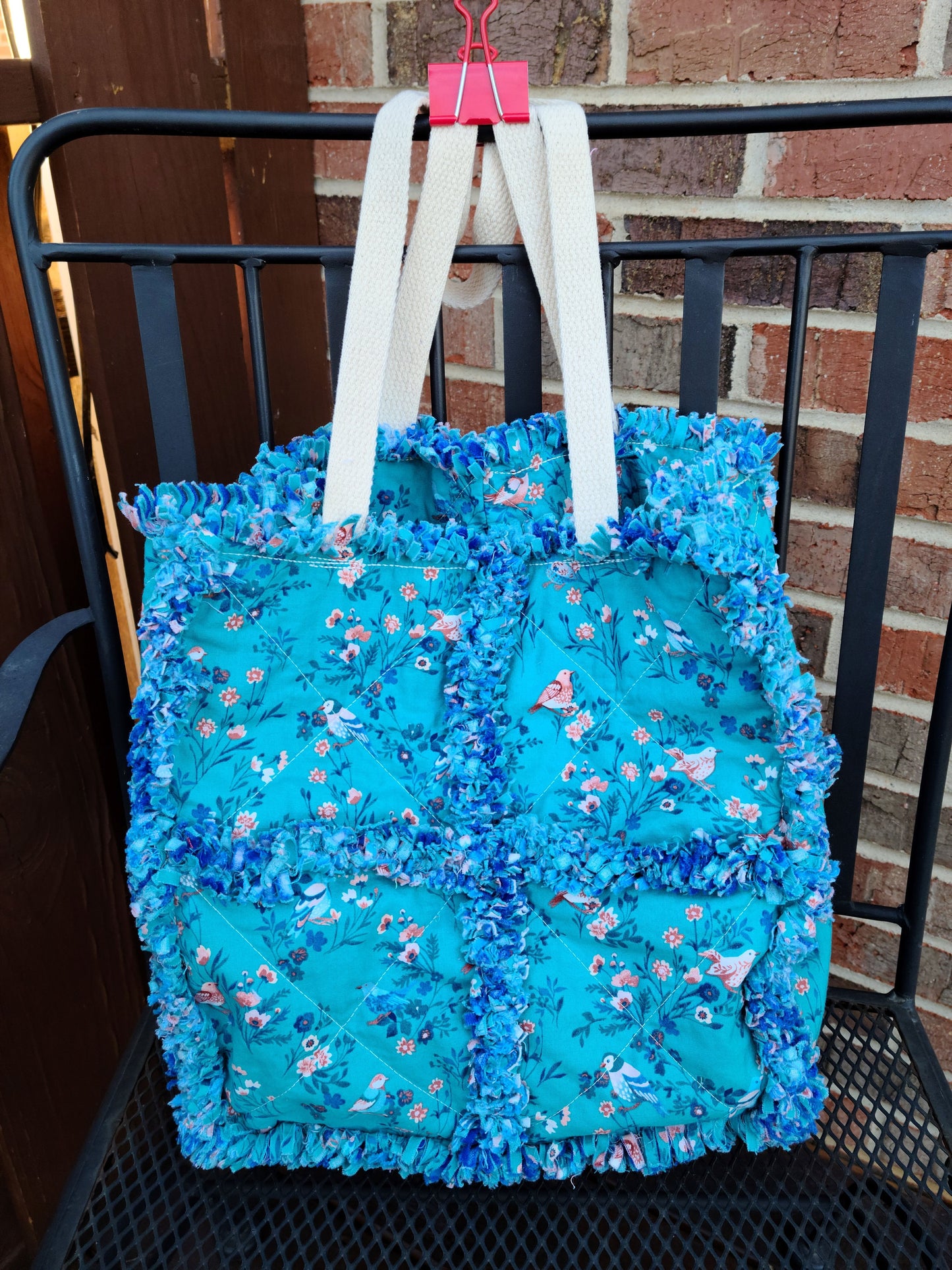 Turquoise Rag Quilt Bird Open Tote