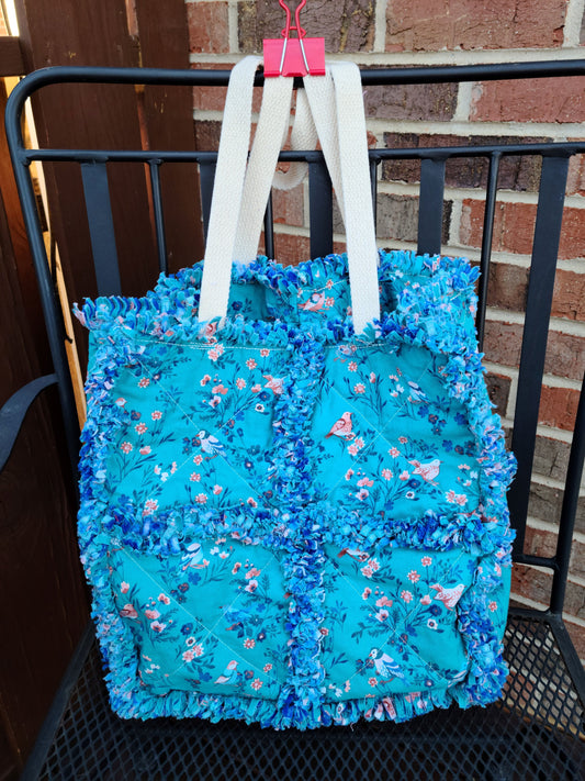 Turquoise Rag Quilt Bird Open Tote
