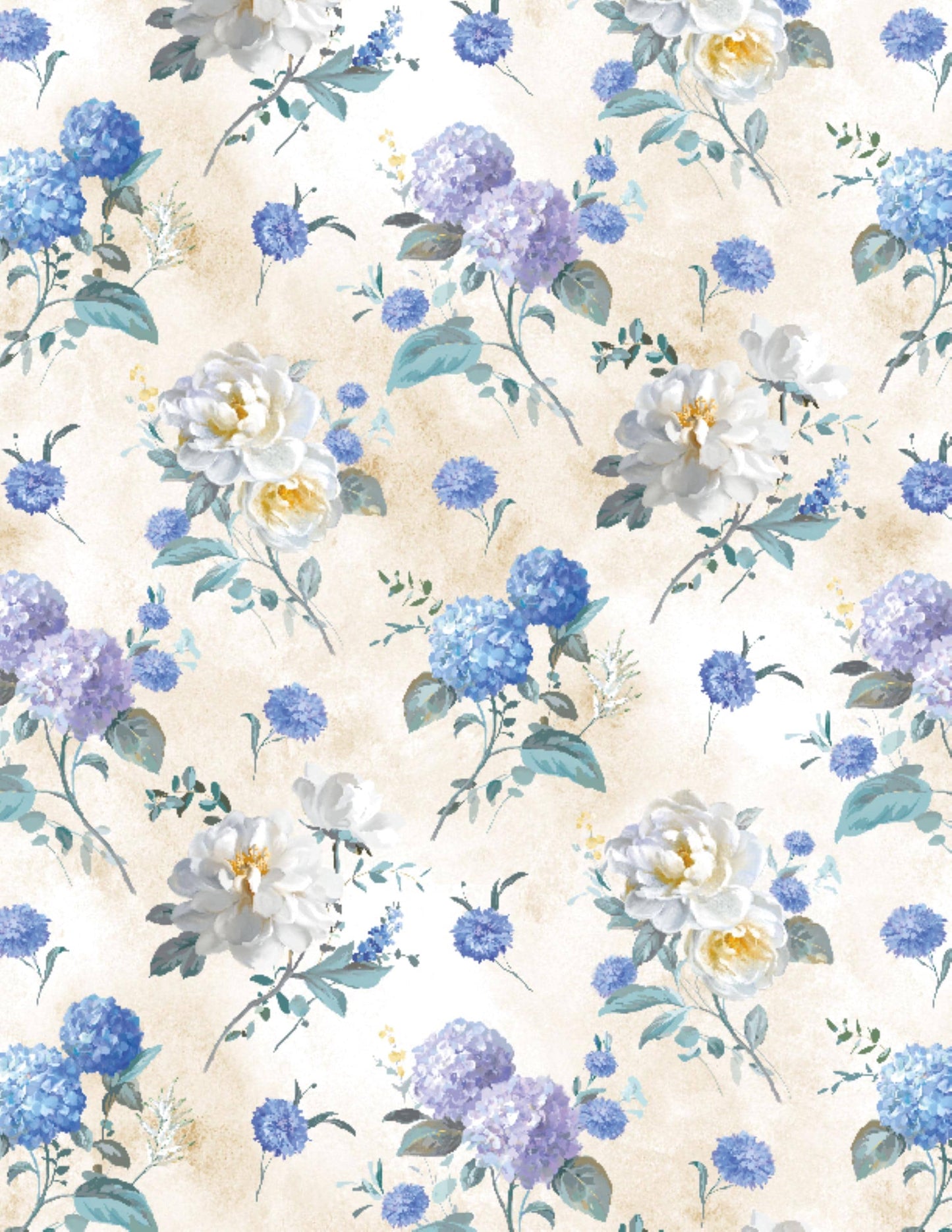 Morning Blooms  Watercolor Hydrangeas & Roses in Soft Purples, Blues, and Creams Cotton Fabric