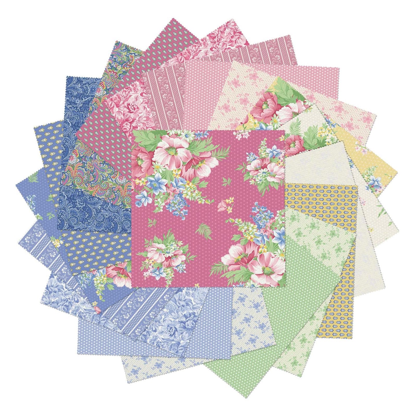 April's Garden 10" Pre-Cut Fabric Squares  Vintage Florals in Blue, Pink, Green & Cream