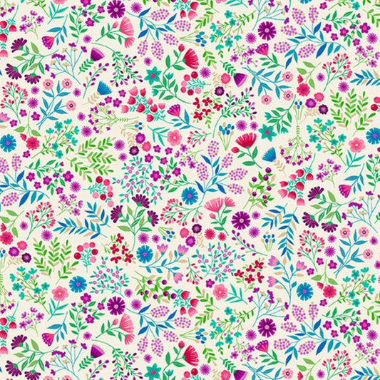Jaipur Collection  Vivid Floral Fabric by Andover Prints | Multicolor on Cream Cotton