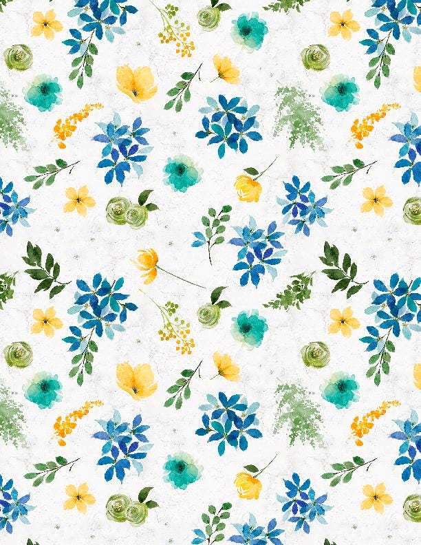 Floral Cotton Fabric: Navy, Yellow & Teal - Sunlit Serenade by Wilmington Prints